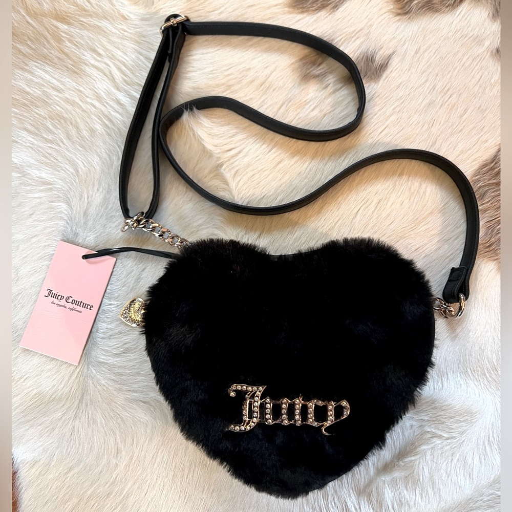 Juicy Couture Los Angeles NWT Black Liquorice Faux Fur Rhinestone Crossbody